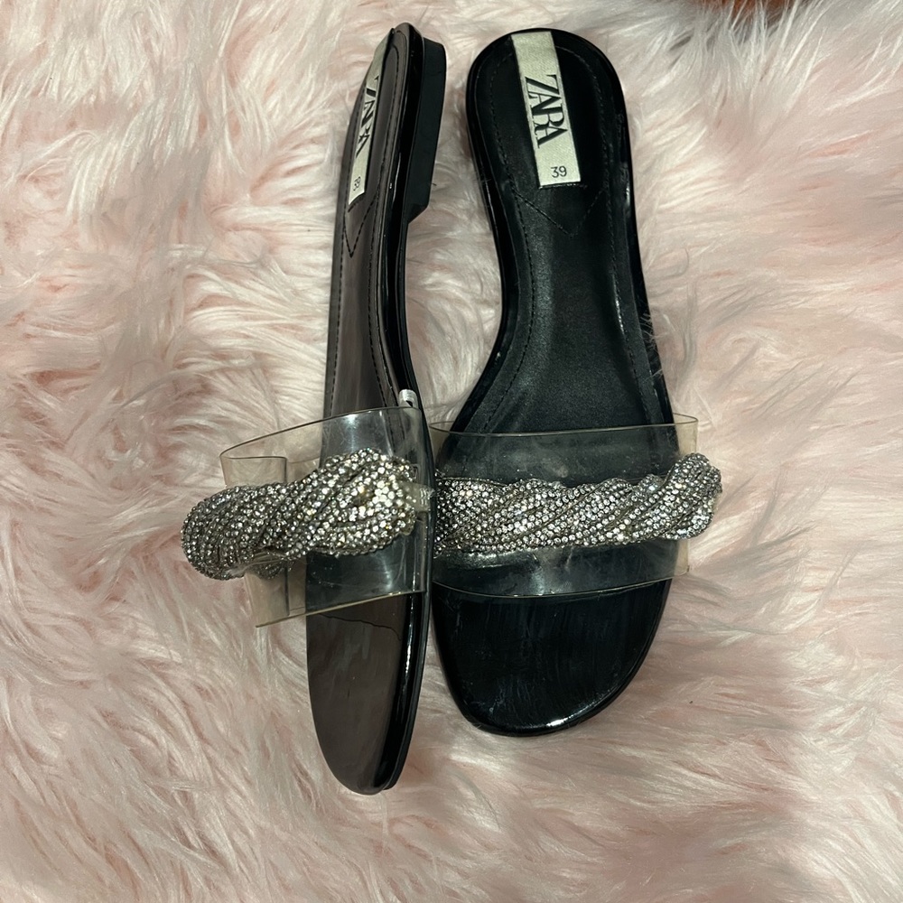 Zara rhinestone pvc sandals black silver